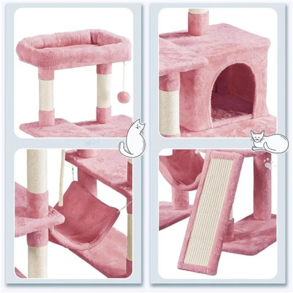 63in Multi-Level Tall Cat Tree w/Sisal-Covered Scratching Posts & Condo, Pink
